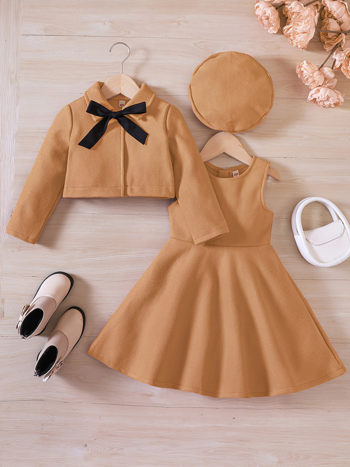 Girl's Elegant Outfit 3pcs, Bowknot Coat & Beret & Tank Dress Set, Kid's Clothes For Spring Autumn Christmas