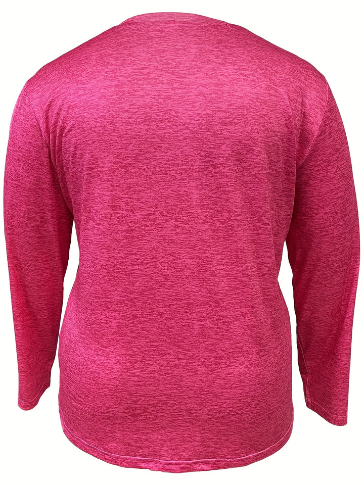 Plus Size Casual T-shirt, Women's Plus Heart Print Long Sleeve Round Neck Medium Stretch T-shirt