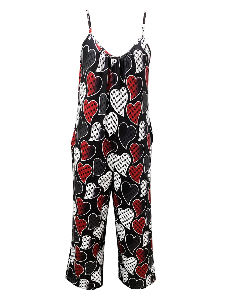 Women's Valentine's Day Jumpsuit, Plus Size Heart Print Round Neck Wide Leg Cami Jumpsuit With Pockets