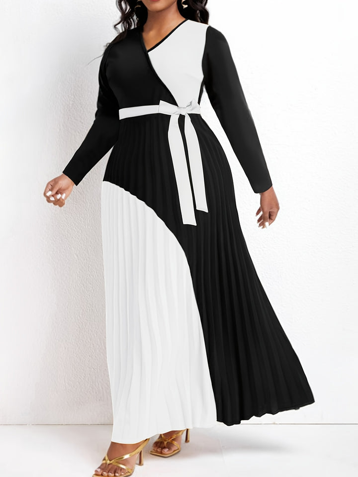 Plus Size Casual Dress, Women's Plus Colorblock Long Sleeve Surplice Neck Pleated Maxi Dress With Belt