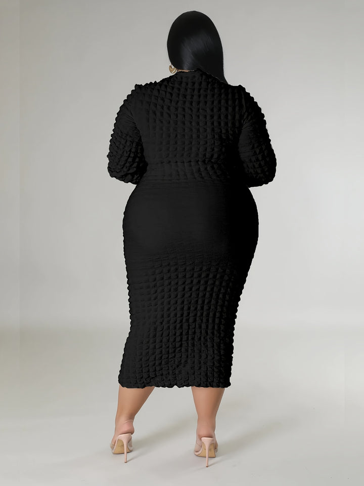 Plus Size Casual Dress, Women's Plus Solid Crinkle Long Sleeve High Neck Slim Fit Midi Dress