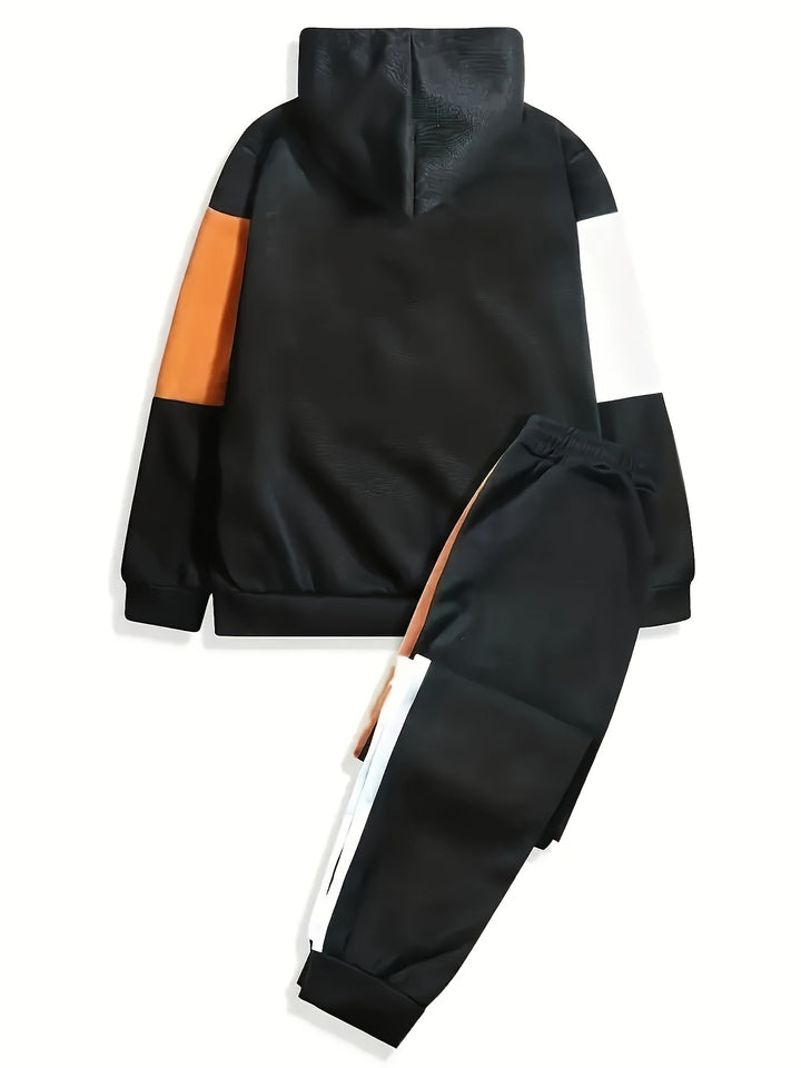Color Block Men's 2Pcs Outfits, Casual Hoodies Long Sleeve Pullover Hooded Sweatshirt And Sweatpants Joggers Set For Spring Fall, Men's Clothing