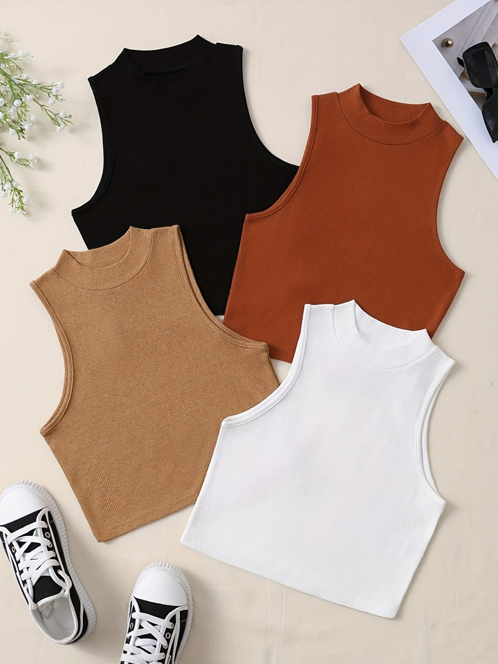 Solid Summer 4pcs Tank Tops, Casual Crew Neck Sleeveless Knit Tank Tops, Women's Clothing