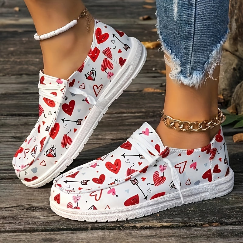 Women's Love Pattern Canvas Shoes, Casual Round Toe Low Top Flat Shoes, Valentine's Day Walking Sneakers