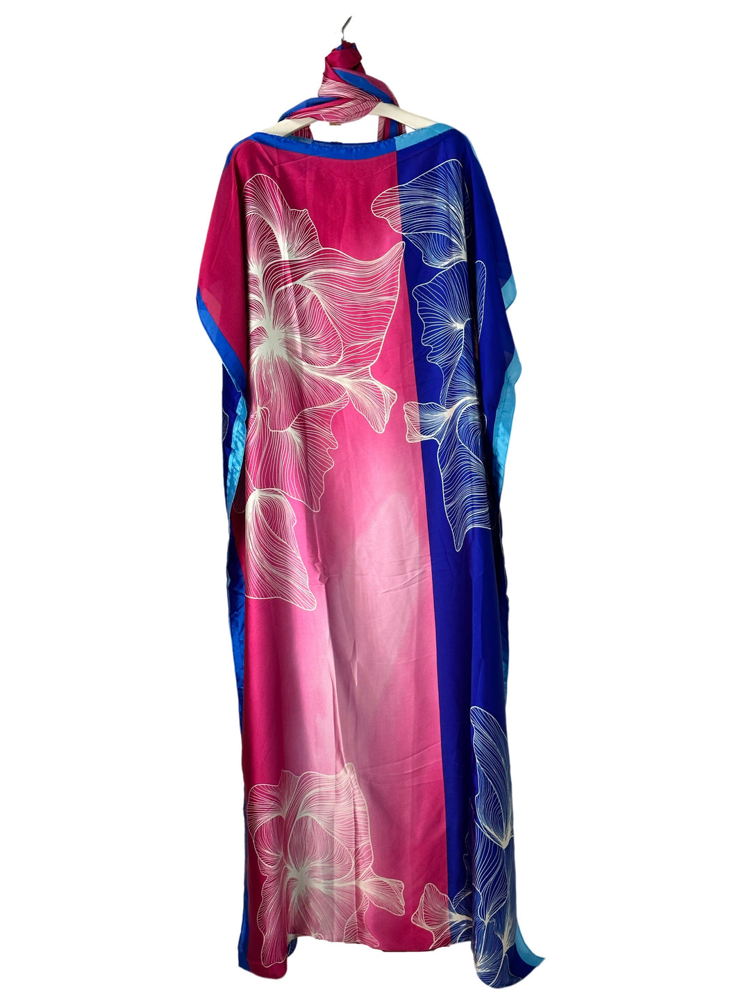 Plus Size Modest Kaftan Dress, Women's Plus Colorblock Floral Print Batwing Sleeve Round Neck Maxi Dress