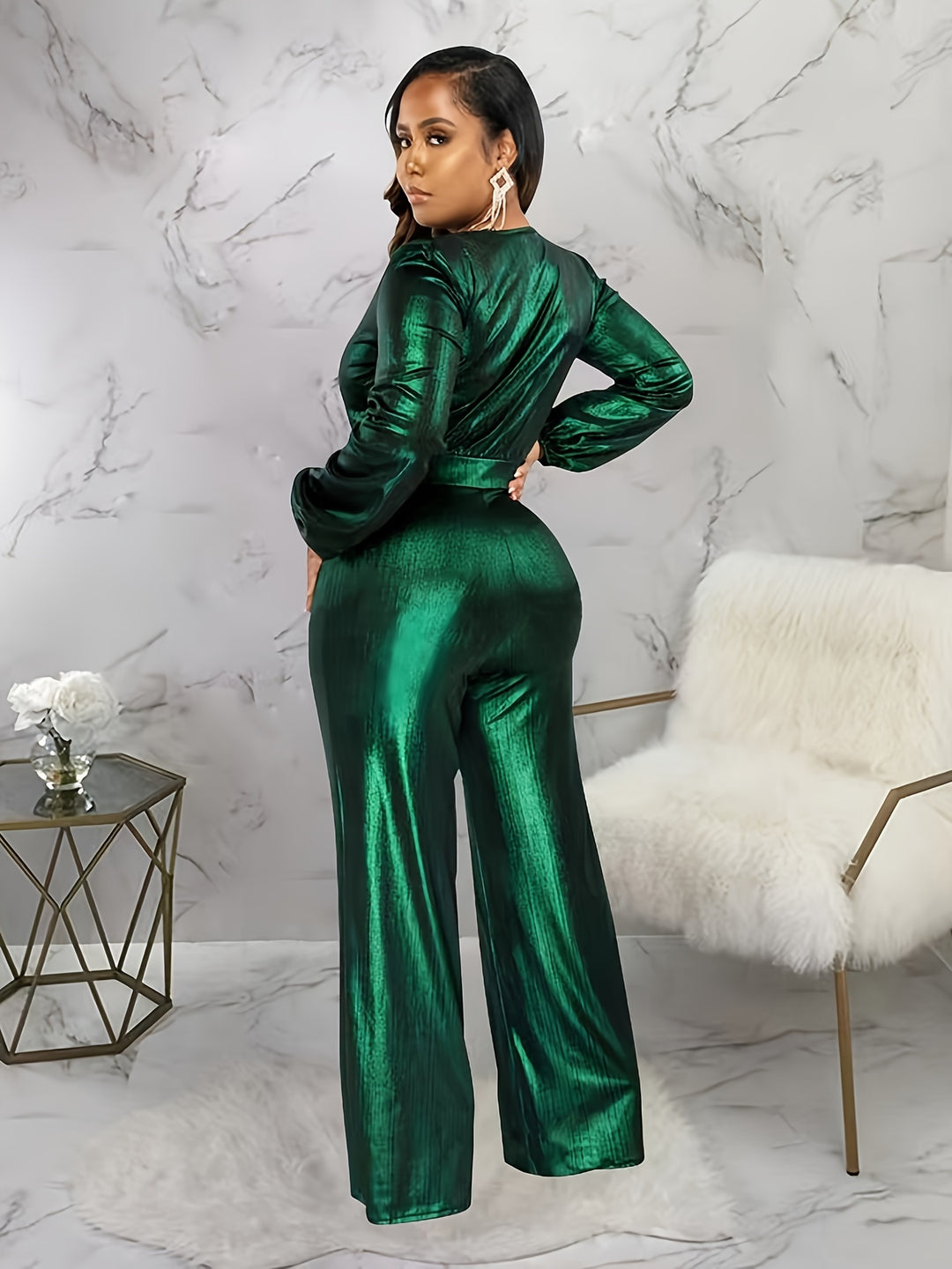 Plus Size Solid Color Wide Leg Jumpsuit, Casual Surplice Neck Long Sleeve Jumpsuit, Women's Plus Size Clothing