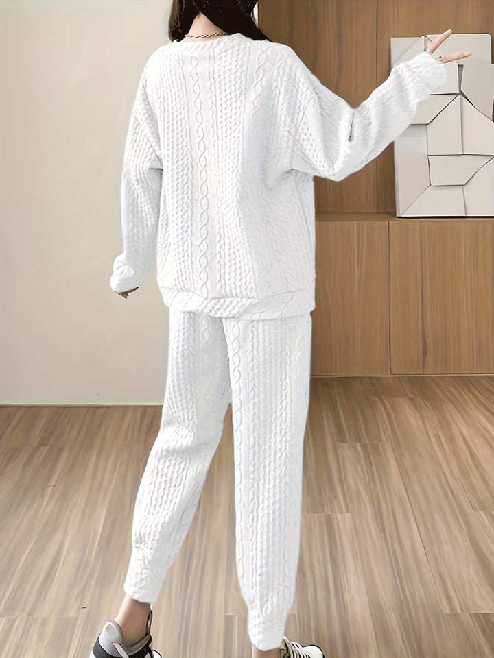 Textured Two-piece Set, Casual Long Sleeve Sweatshirt & Dual Pockets Pants Outfits, Women's Clothing
