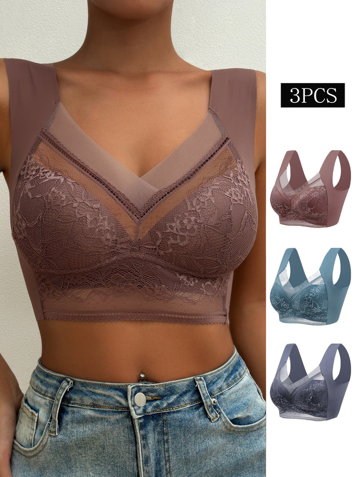 3pcs Contrast Lace Wireless Bras, Comfy & Breathable Push Up Bra, Women's Lingerie & Underwear