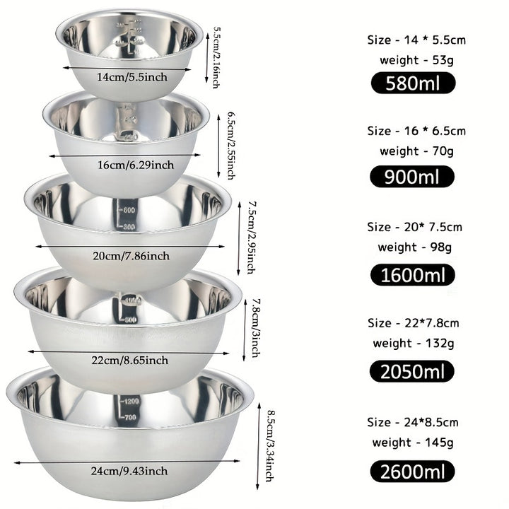 5pcs Non-Slip Stainless Steel Mixing Bowls Set - Perfect for Kitchen Cooking and Baking - Nesting Design for Easy Storage