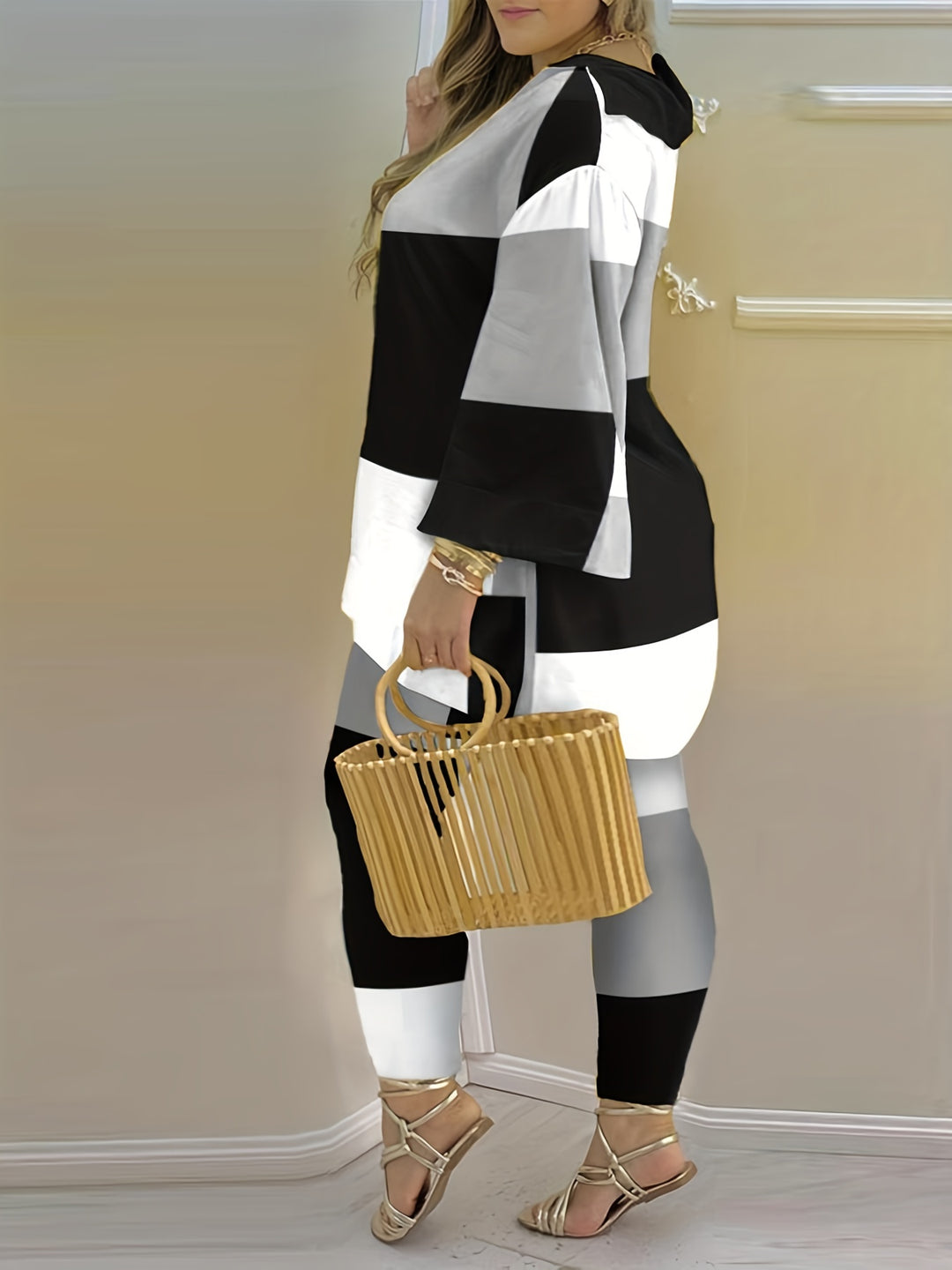 Plus Size Elegant Outfits Set, Women's Plus Colorblock Bell Sleeve V Neck Top & Pants Outfits Two Piece Set