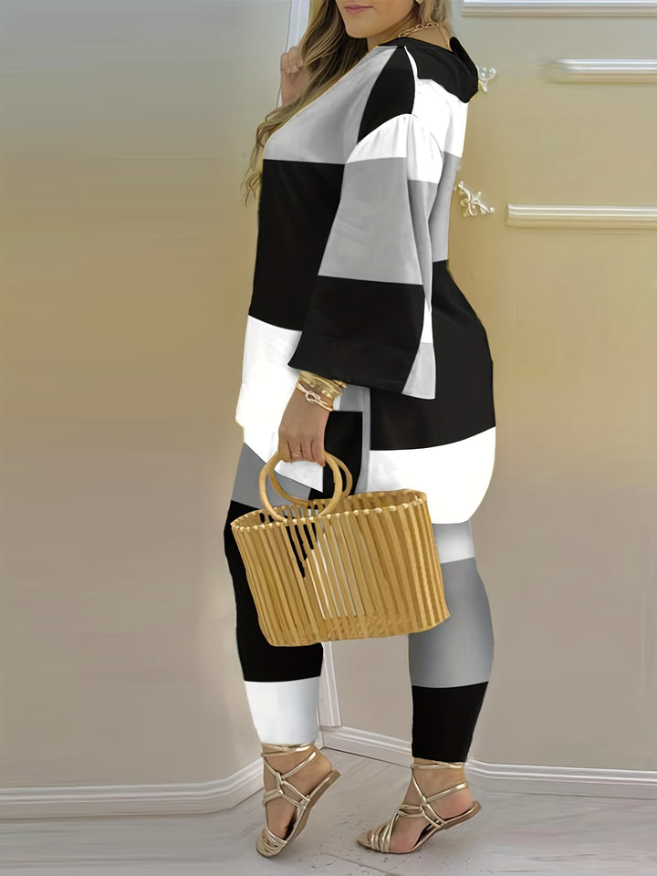Plus Size Elegant Outfits Set, Women's Plus Colorblock Bell Sleeve V Neck Top & Pants Outfits Two Piece Set