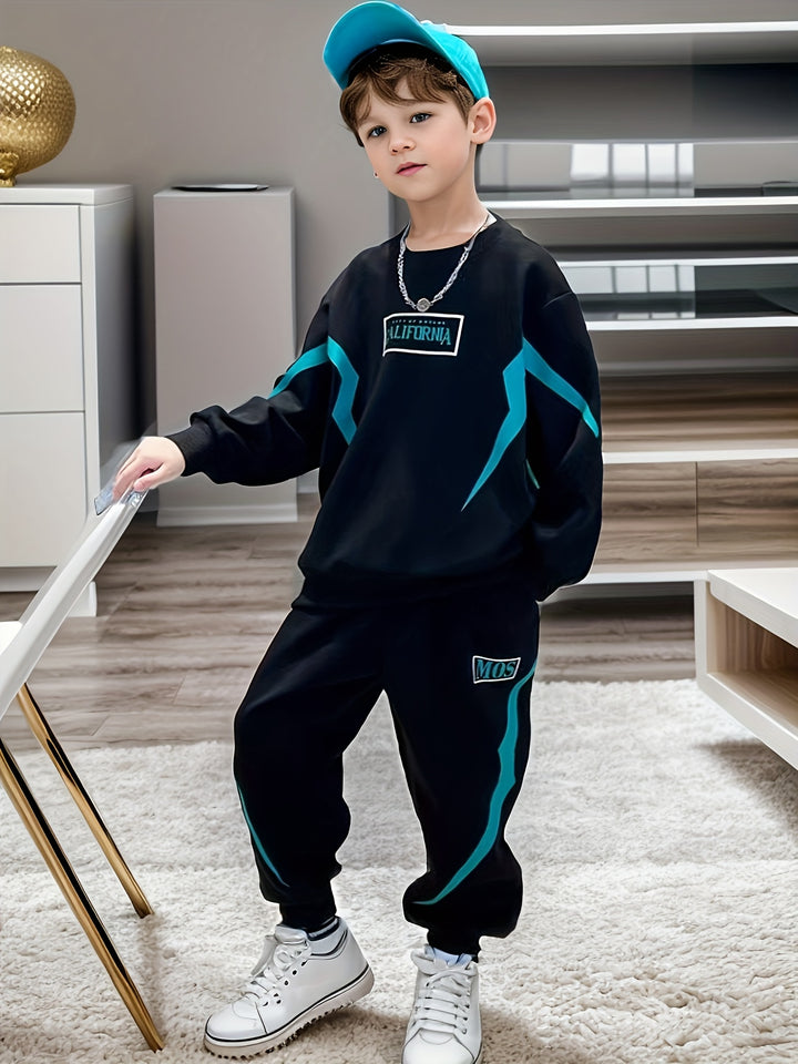 2pcs Boy's Color Clash Outfit, Letter Print Sweatshirt & Sweatpants Set, Trendy Long Sleeve Top, Kid's Clothes For Spring Fall Winter, Christmas Gift