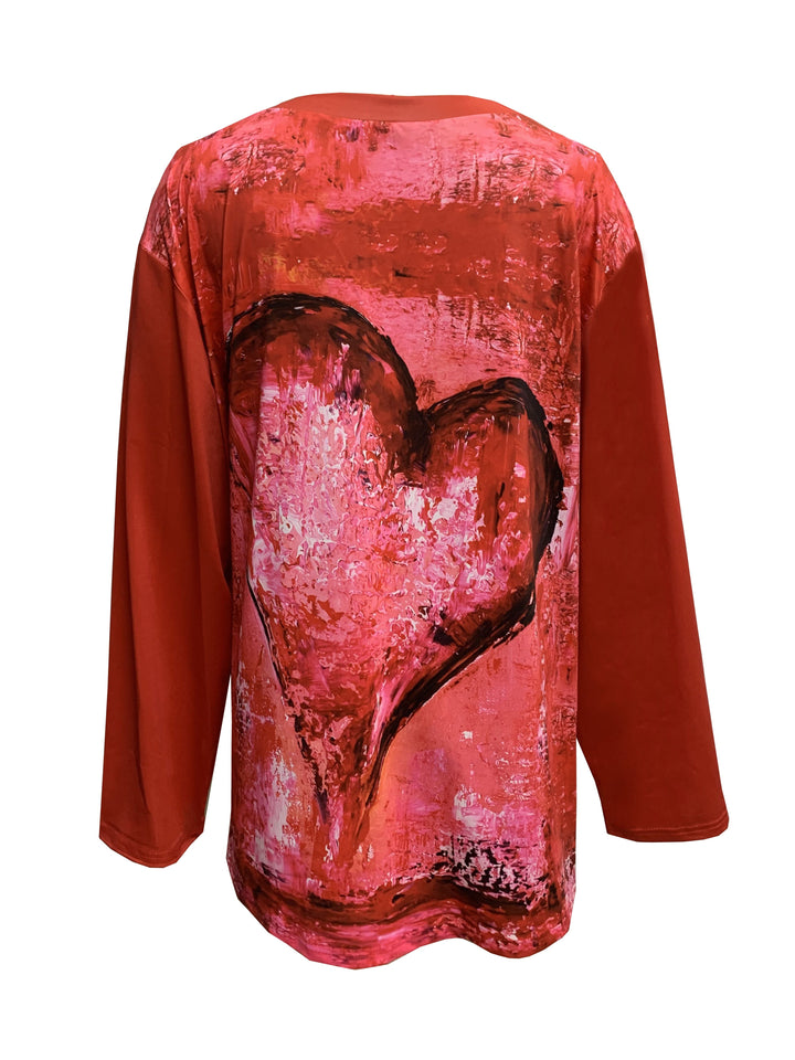 Plus Size Heart Print Top, Casual Crew Neck Long Sleeve Top, Women's Plus Size Clothing