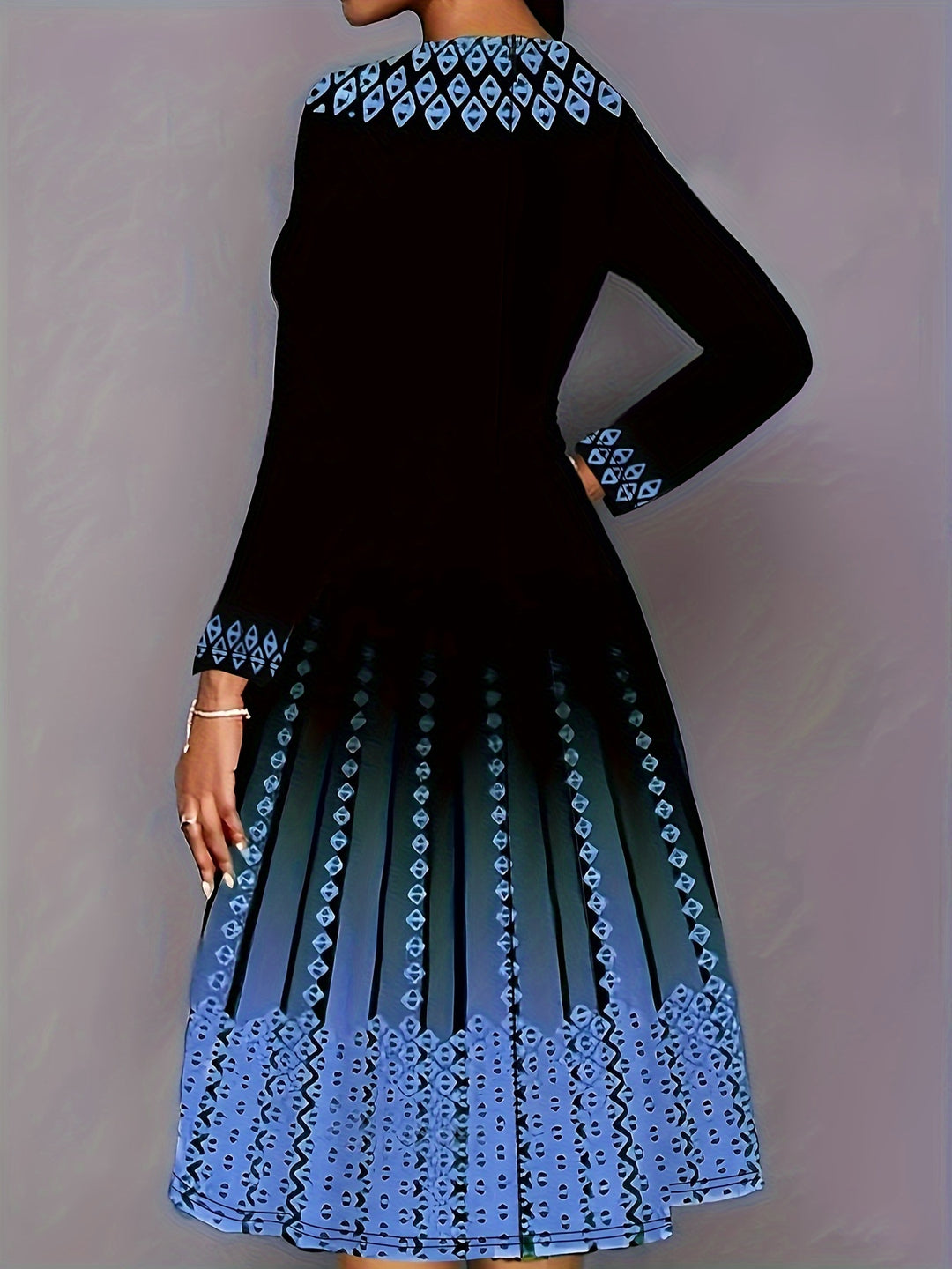 Plus Size Elegant Dress, Women's Plus Geo & Ombre Print Long Sleeve Round Neck A-line Formal Dress