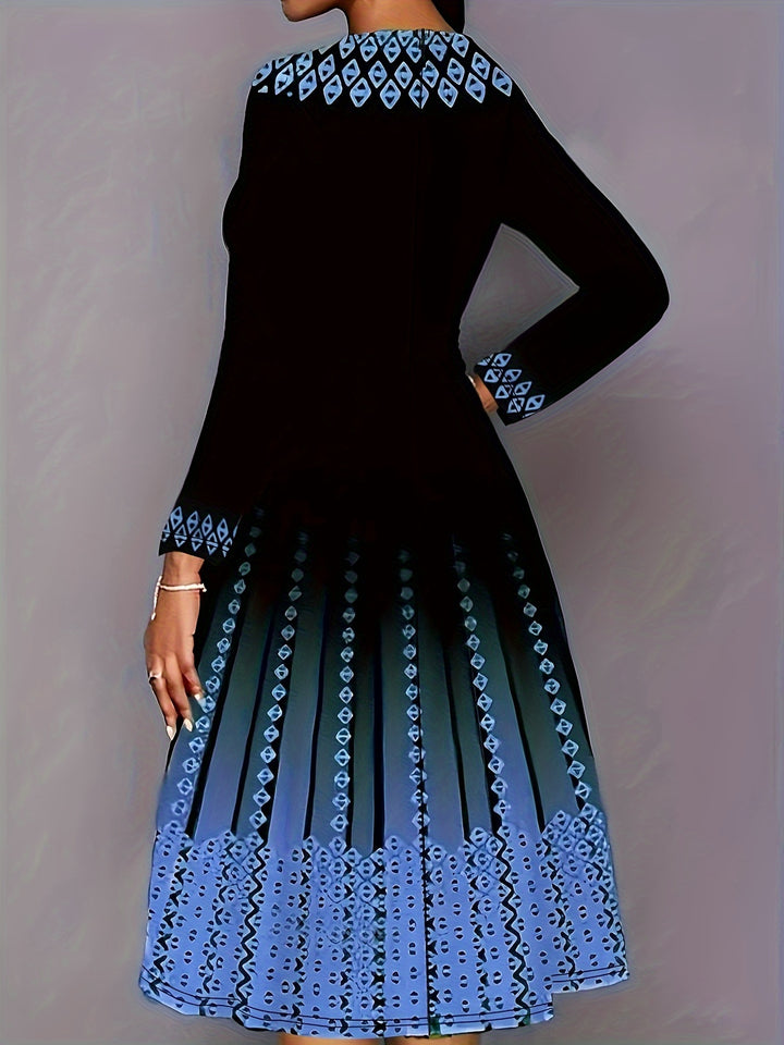 Plus Size Elegant Dress, Women's Plus Geo & Ombre Print Long Sleeve Round Neck A-line Formal Dress