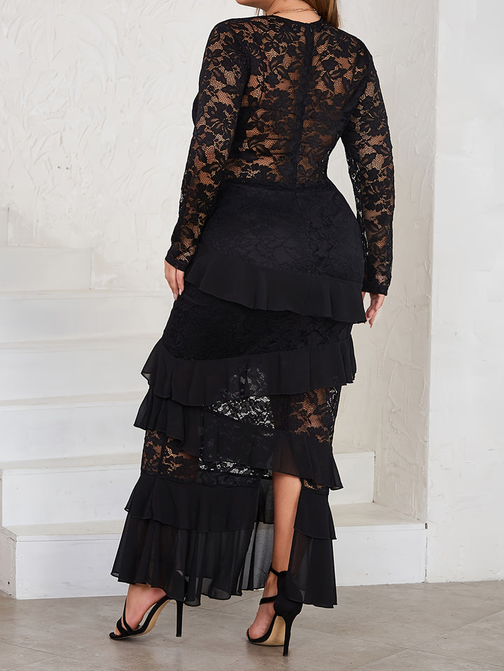 Plus Size elegant Dress, Women's Plus Solid Contrast Lace Long Sleeve Round Neck Ruffle Trim Maxi Dress