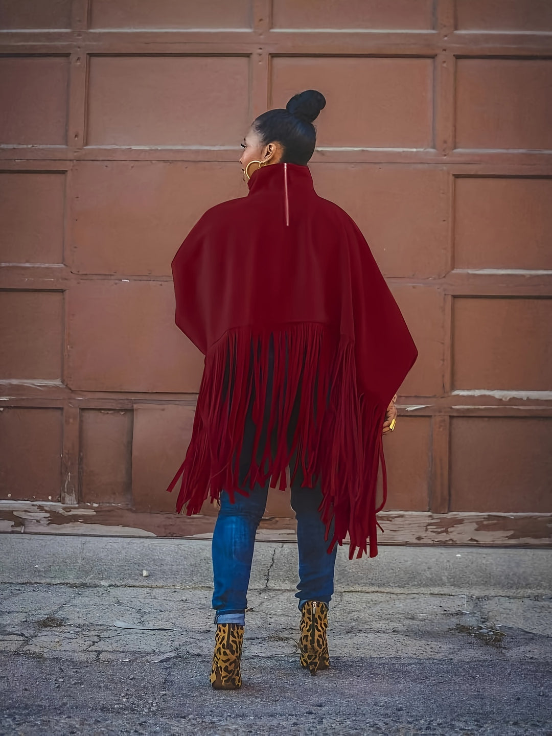 Plus Size Trendy Top, Women's Plus Solid Batwing Sleeve Mock Neck Fringe Trim Cloak Top