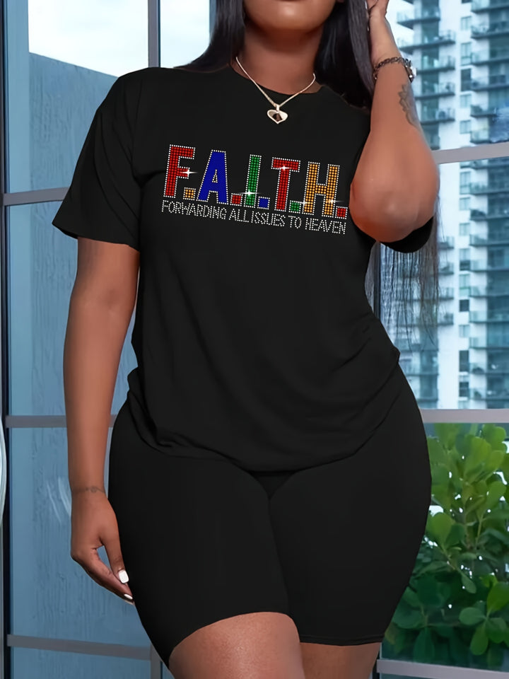 Plus Size Casual T-shirt, Women's Plus Rhinestone Colorful Letter Short Sleeve Round Neck Medium Stretch T-shirt