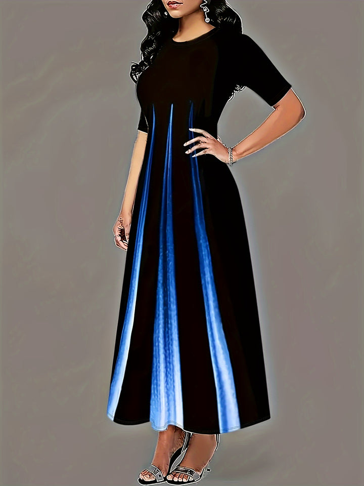 Plus Size Casual Dress, Women's Plus Colorblock Short Sleeve Round Neck Maxi Dress With Pockets