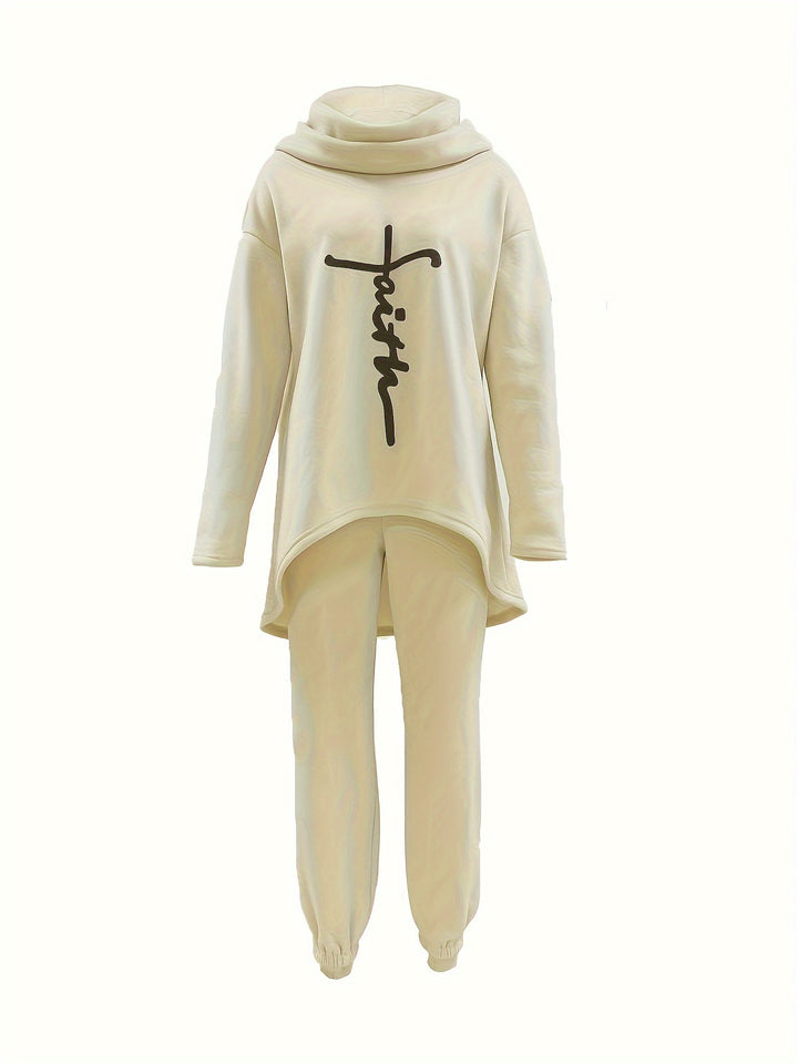 Casual Two-piece Set, Letter Print High-low Hoodie & Jogger Pants Outfits, Women's Clothing