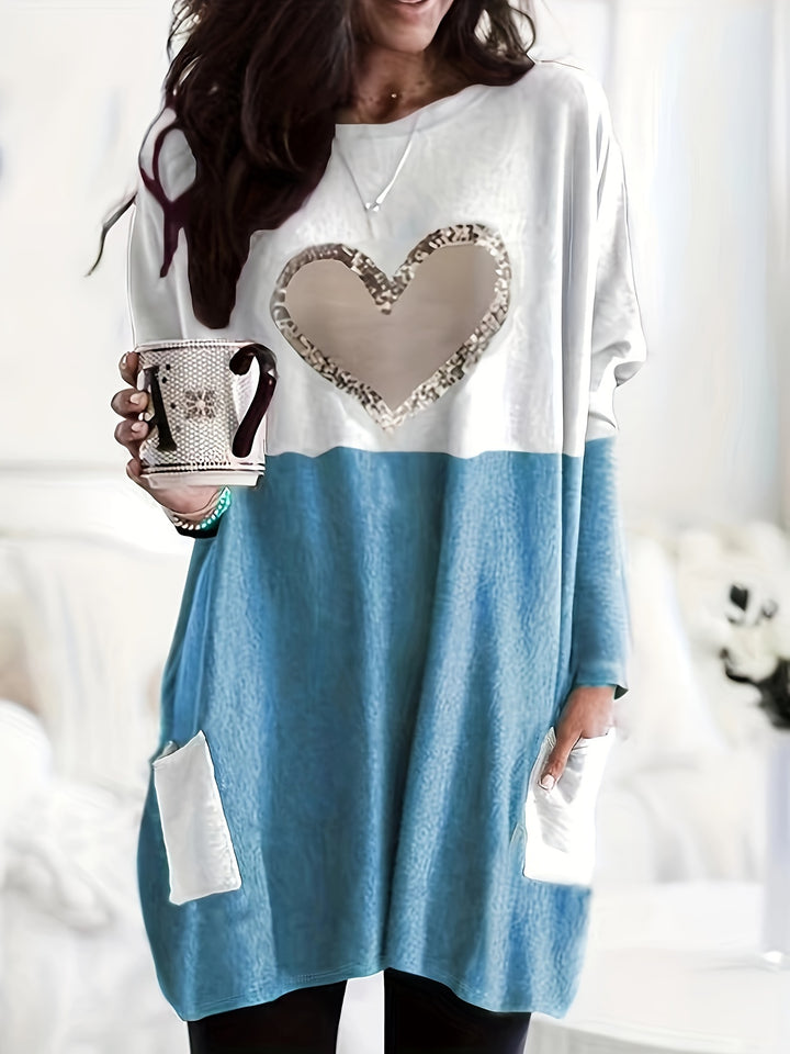 Plus Size Casual T-shirt, Women's Plus Colorblock Heart Print Drop Shoulder Long Sleeve Round Neck Tunic T-shirt With Pockets