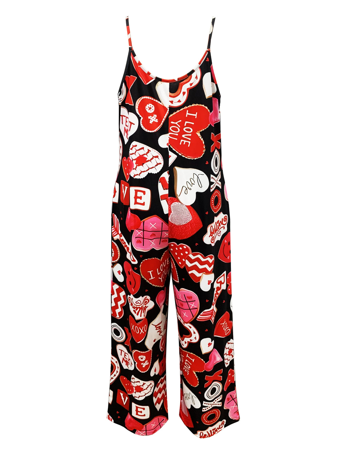 Women's Valentine's Day Jumpsuit, Plus Size Heart & Letter Print Round Neck Wide Leg Cami Jumpsuit With Pockets