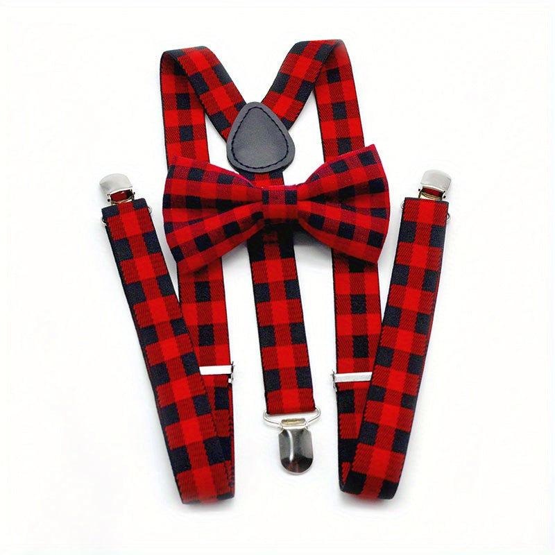 Men's Retro Plaid Suspenders And Bow Tie Set, Adjustable Plaid Suspender, Clothing Accessories, Christmas Party Gifts
