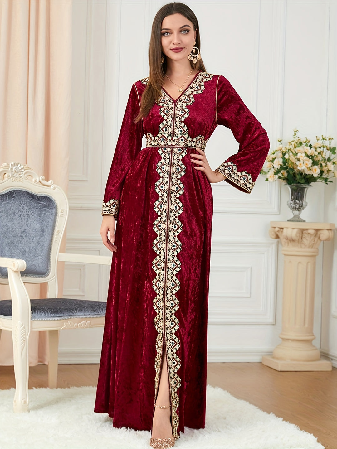 Contrast Trim V-neck Kaftan Dress, Elegant Long Sleeve Tie-waist Maxi Length Dress, Women's Clothing