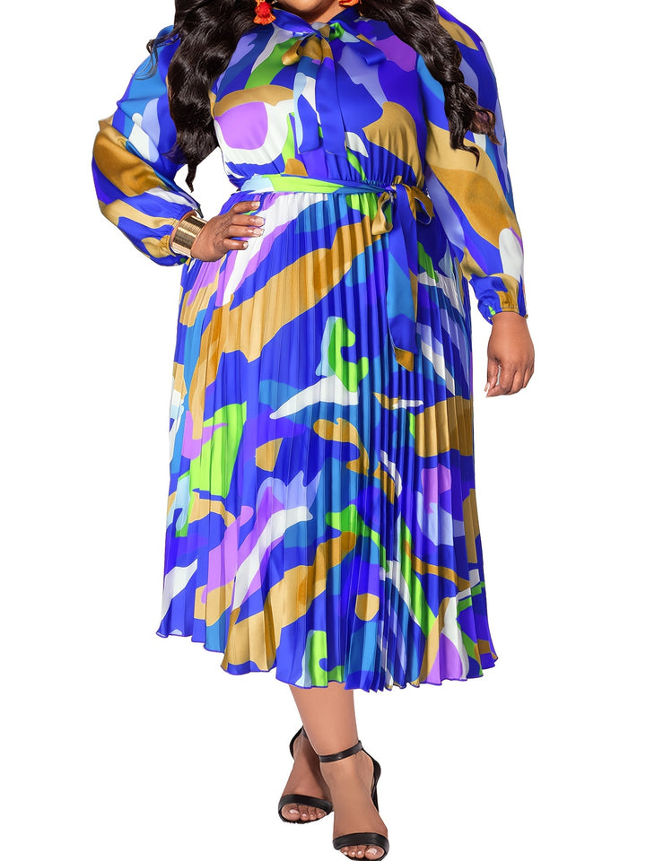 Elegant Plus Size Maxi Dress with Tie Neck, Abstract Print & Lantern Sleeves