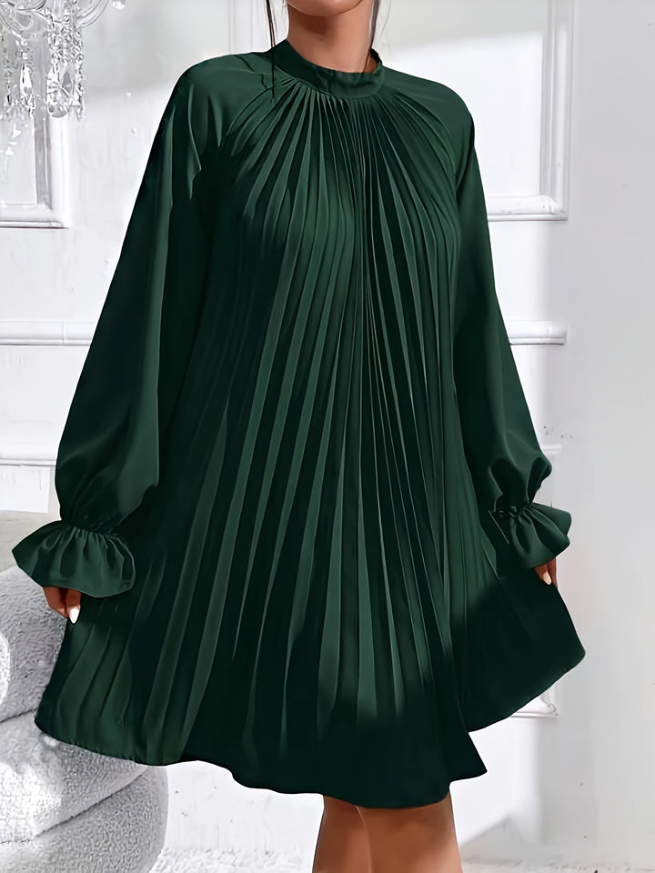 Elegant Solid Color Pleated Dress for Women, Casual and Comfortable Long Sleeve Dress