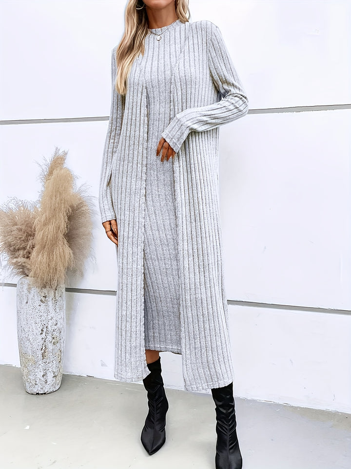 Ribbed Solid Two-piece Set, Open Front Long Length Cardigan & Sleeveless Bodycon Dress Outfits, Women's Clothing