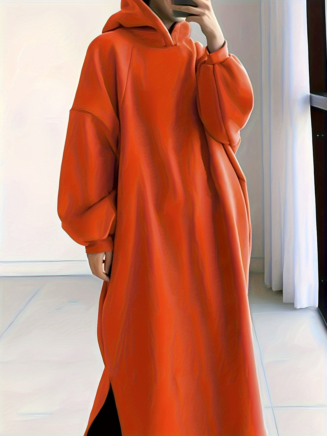 Plus Size Casual Sweatshirt Dress, Women's Plus Solid Lantern Sleeve Split Hem Maxi Hoodie Dress