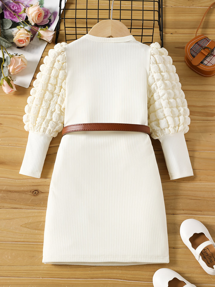 Toddler Girls Bubble Long Sleeves Gorgeous Rib Knit Tunic Dress (Belt Is Not Included)