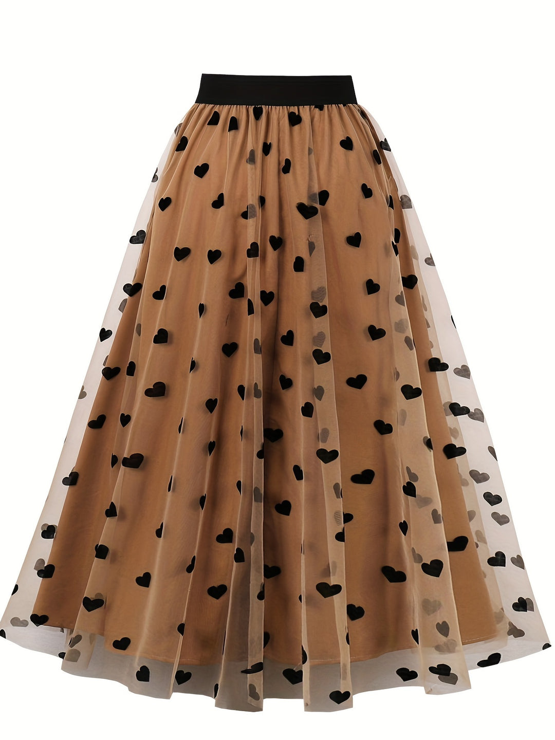 Plus Size Elegant Skirt, Women's Plus Layered Heart Mesh Elastic Waist High Rise Slight Stretch A-line Skirt