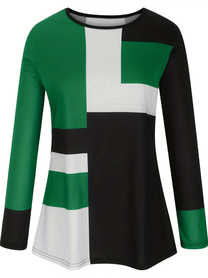 Plus Size Casual T-shirt, Women's Plus Colorblock Long Sleeve Round Neck Medium Stretch Tee