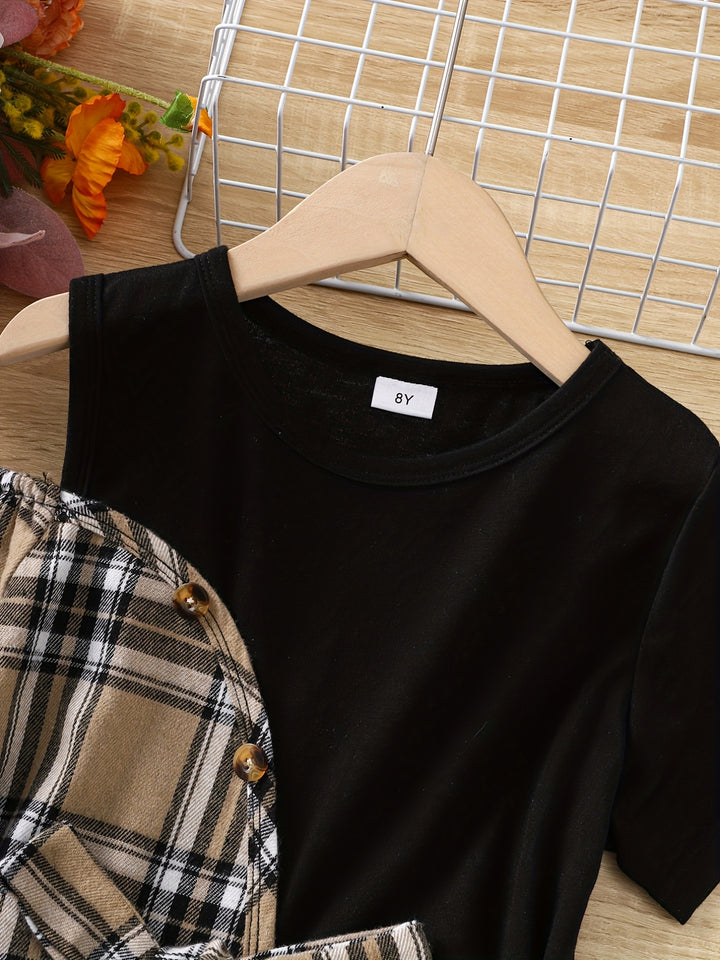 Girls' Asymmetric Plaid Stitching Short Sleeve Casual Dress For Party Holiday Outfit (Dress Length Measured Excluded The Asymmetrical Part)