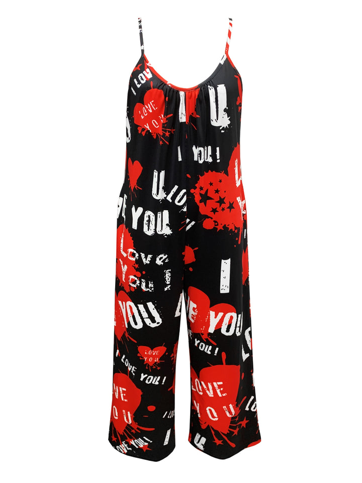 Women's Valentine's Day Jumpsuit, Plus Size Heart & Slogan Print Round Neck Wide Leg Cami Jumpsuit With Pockets