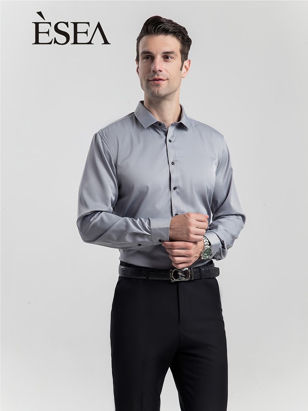ESEA Men's Europe And The United States Dress Shirt Conventional Version Of Pure-color Non-pocket Wrinkle-free Business Casual Slim Long-sleeved Shirt Elastic Europe And The United States Plus-size Button-up Commuter Dress Shirt Jacket