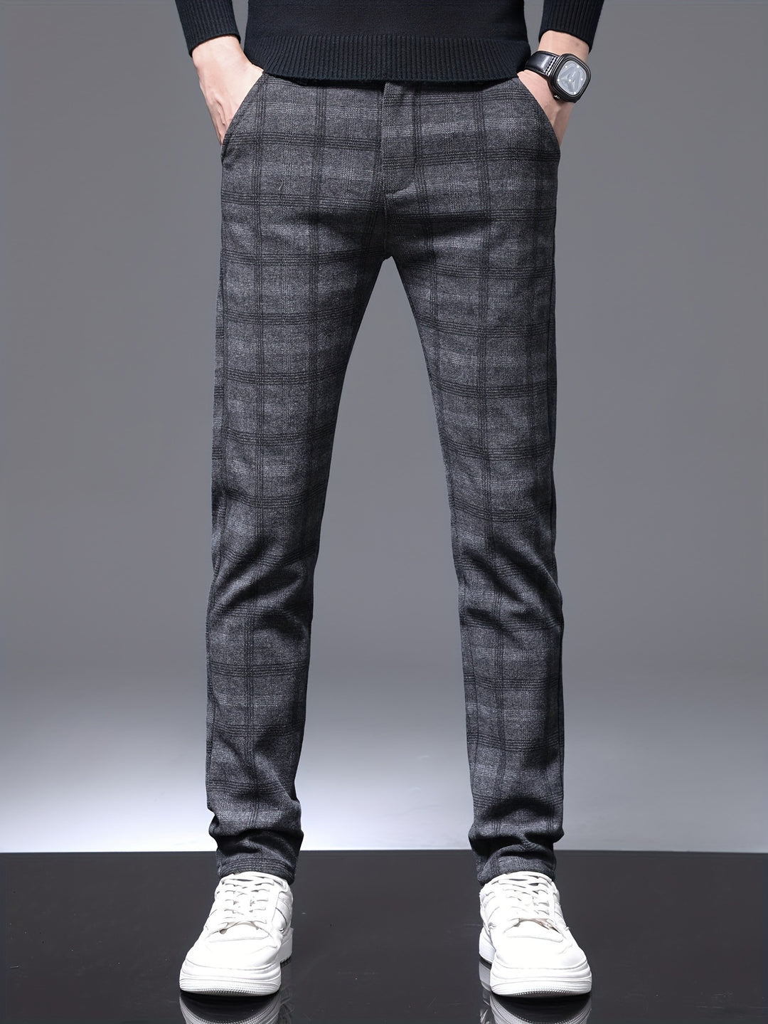 Retro Style Checkered Men's Casual Long Slim Fit Pants With Multi Pocket, Spring Fall Outdoor