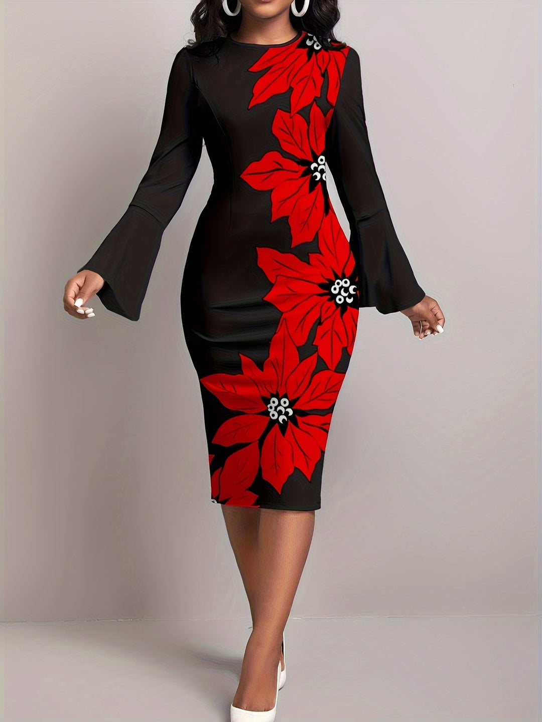 Elegant Floral Print Dress with Flare Sleeves and Crew Neck, Perfect for Any Occasion