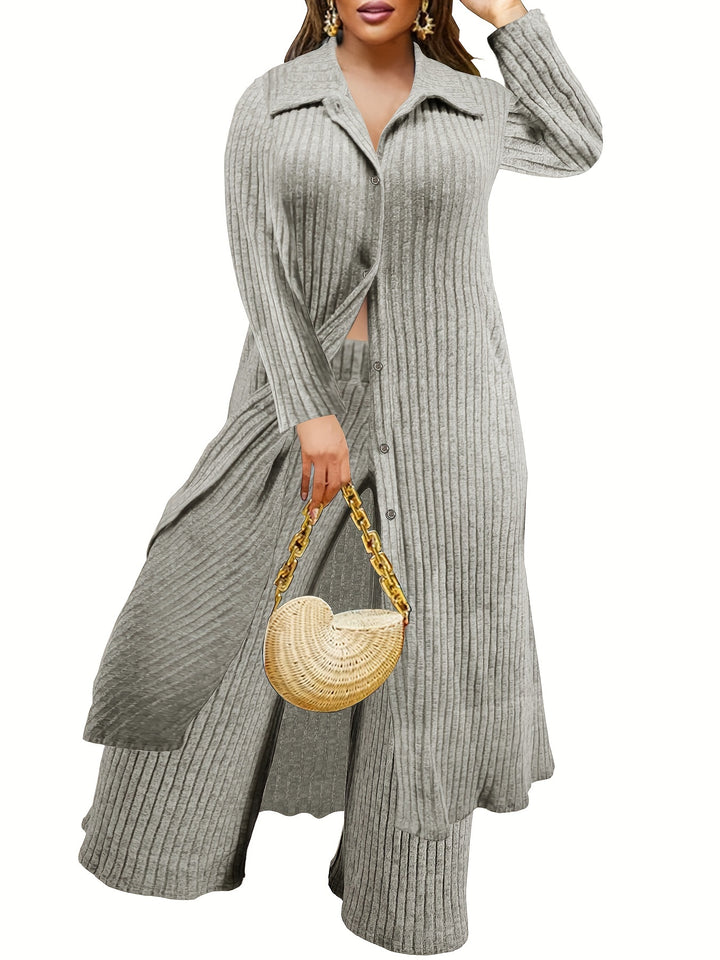 Plus Size Casual Outfits Two Piece Set, Women's Plus Solid Ribbed Button Up Long Sleeve Polo Neck Long Blouse & Wide Leg Pants Outfits 2 Piece Set