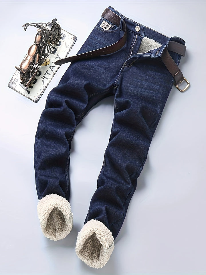 Men's Casual Warm Thick Jeans, Classic Design Stretch Straight Leg Jeans For Business