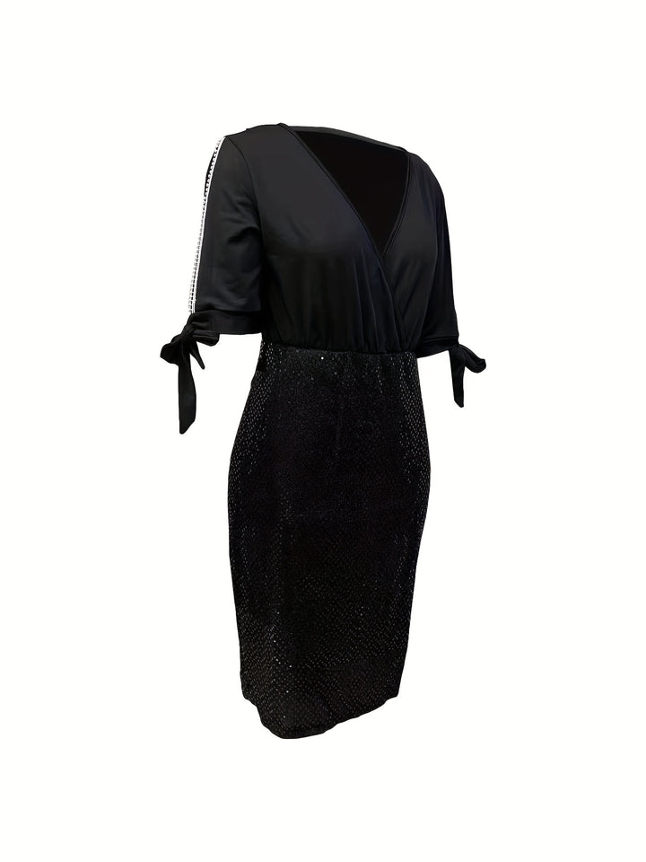 Plus Size Party Dress, Women's Plus Faux Pearl Decor Cut Out Sequin Slim Fit Event Dress