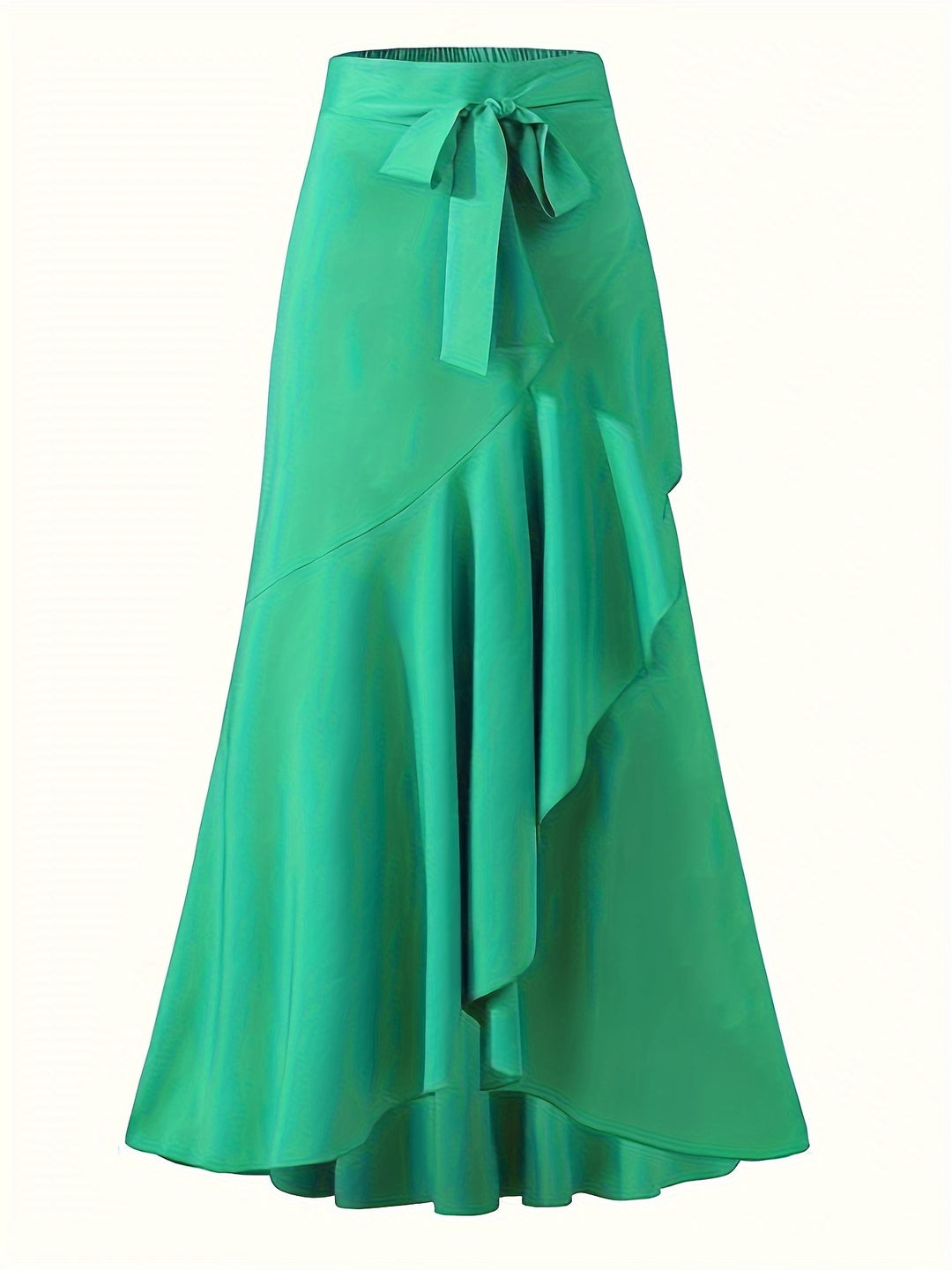 Solid Ruffle Trim Asymmetrical Skirt, Elegant Belted Mermaid Skirt For Spring & Fall, Women's Clothing