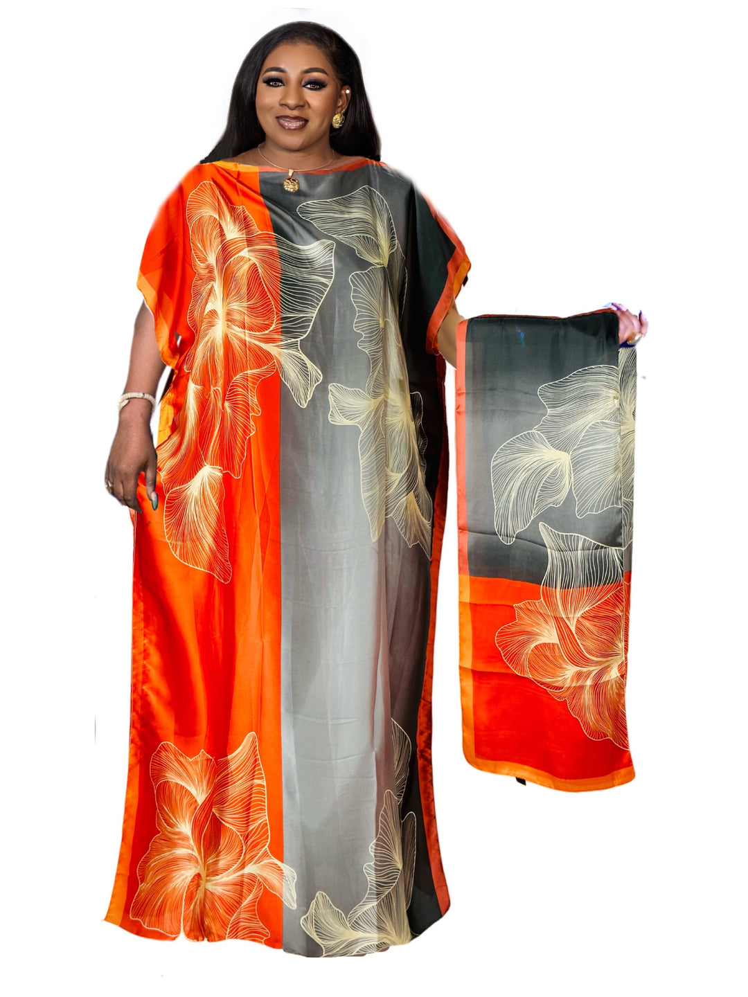 Plus Size Modest Kaftan Dress, Women's Plus Colorblock Floral Print Batwing Sleeve Round Neck Maxi Dress