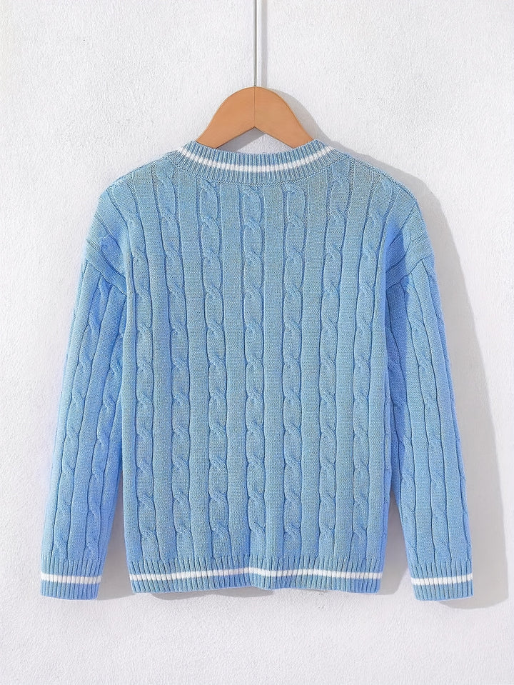 Kid's Preppy Style V-neck Sweater, Cable Knit Pullover, Causal Long Sleeve Top, Boy's Clothes For Spring Fall Winter