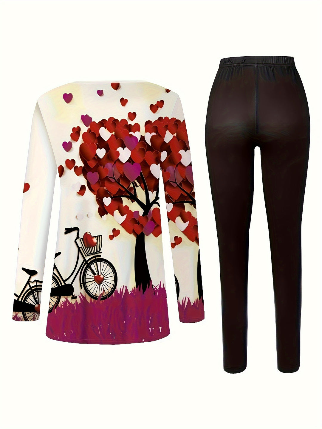 Plus Size Heart Print Two-piece Set, Crew Neck Long Sleeve Top & Leggings Outfits, Women's Plus Size Clothing