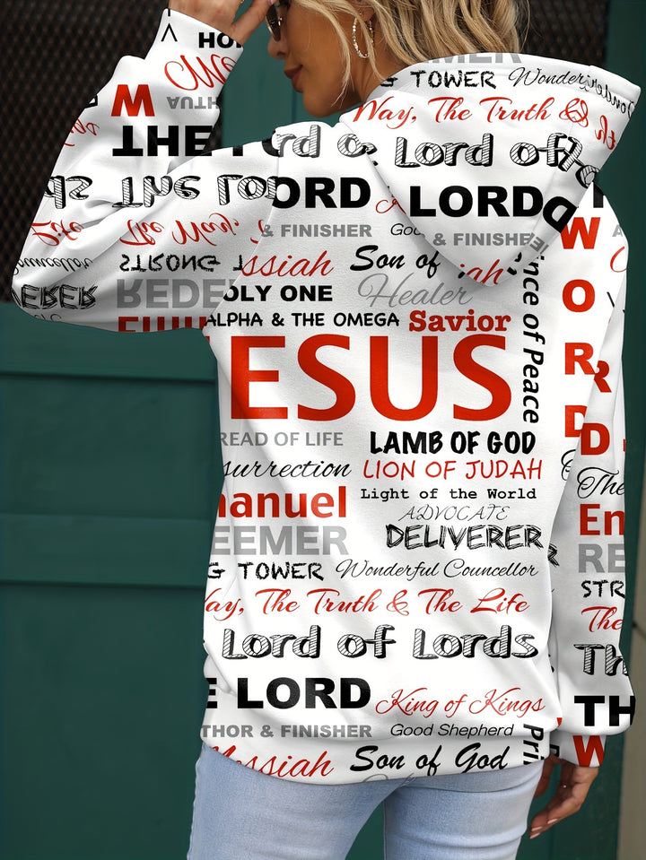 Jesus Letter Print Hoodies, Casual Kangaroo Pocket Long Sleeve Sweatshirt, Women's Clothing