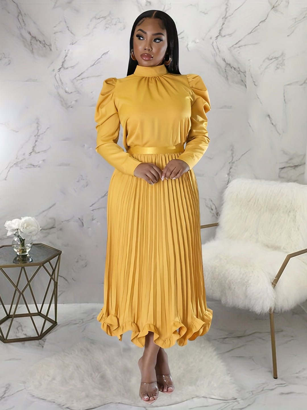 Elegant Matching Two-piece Skirt Set, Puff Sleeve Top & Pleated Skirt Outfits, Women's Clothing