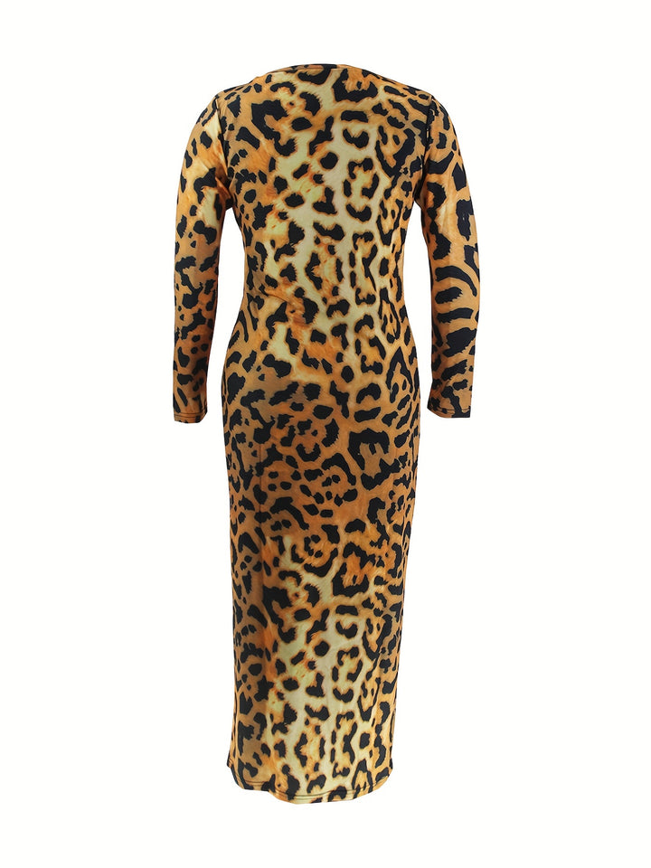 Plus Size Sexy Dress, Women's Plus Leopard Print Long Sleeve Round Neck Maxi Slim Fit Dress